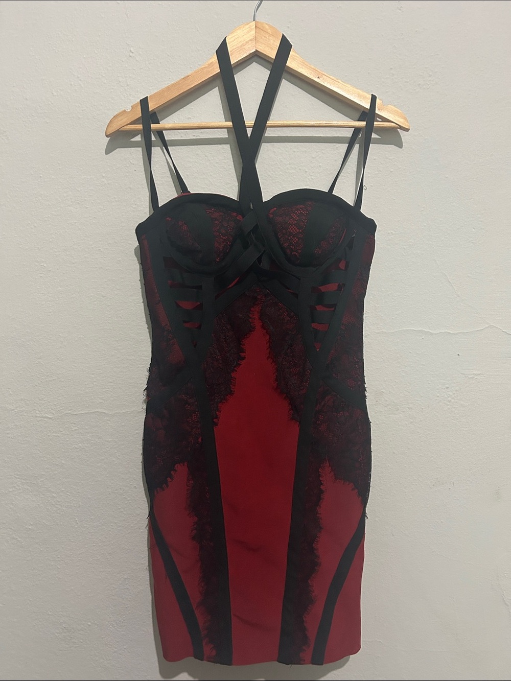 Red Lace-Trim Bodycon Mini Dress with Strappy Detail